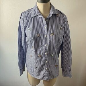 TALBOTS Blue Striped Flower Bee Rhinestone Blouse Sz P Petites